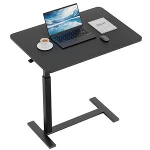 Overbed Laptop Table with Hidden Wheels, Height Adjustable Pneumatic Rolling Desk, Mobile Computer Table for Bed, Hospital & Home, Black