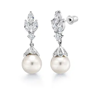 Wedding Pearl Earrings,  Finest Quality Shell Pearl Dangle Earrings,  Marquise and Round AAA Cubic Zirconia Earrings