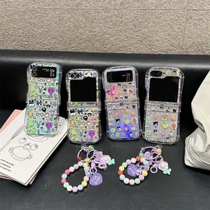 Clear Laser Cute Hinge Phone Case For Samsung Galaxy Z Flip 7 6 5 4 3 Cover with Chain Charm Shockproof Cartoon Cases Flip6 Capa