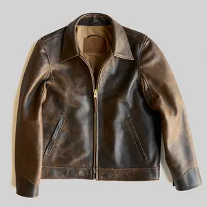 Indiana Vintage Bomber Leather Jacket with Distressed Finish and Zip Closure