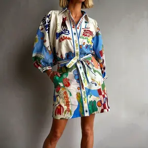 2026 Women’s Linen Button Down Dress – Printed Tie Waist Shirt Dress, French Country Style Summer Outfit & Beach Cover Up