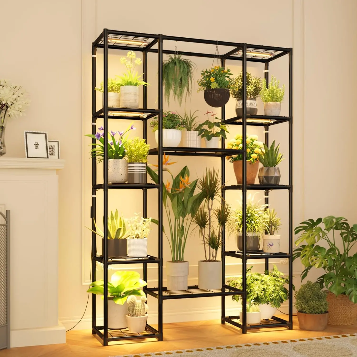 Bamworld Large Metal Plant Stand with Grow Light - Plant Organizer, Multi-Pot Indoor Outdoor Planter Shelf, Black Home Improvement Rack for Living Room, Patio, Plant Stand With Lights
