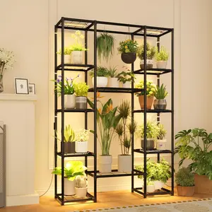 Plant Stand with Grow Light Indoor Outdoor Large Metal Plant Shelf for Multiple Plant Pots Black Plant Rack for Living Room Patio Balcony Garden