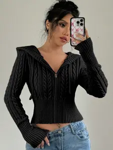 Women's Zip Up Hooded Crop Cardigan Cable Knit Hoodies Long Sleeve Y2k Sweater Jacket