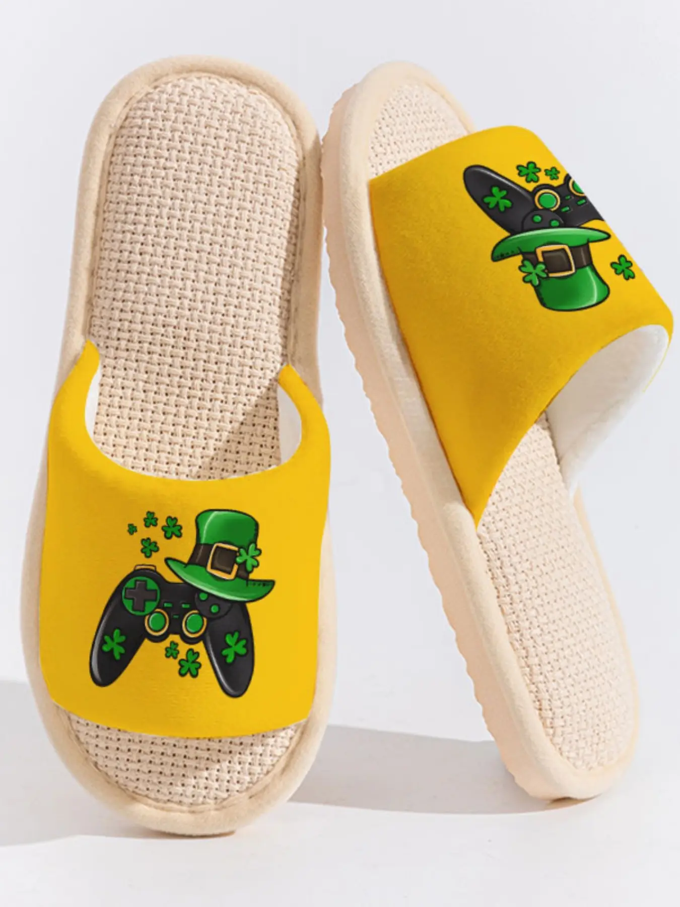 Game Controller Leprechaun Hat & Shamrock Print | Fun & Trendy Style 1 Pair Cloud-Feeling Linen Breathable Non-Slip Soft Sole Home Slippers For St. Patrick's Day & Gaming Enthusiasts (Spring Summer Indoor Outdoor)