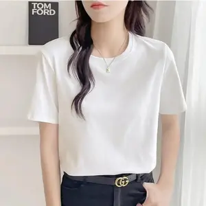 2025 Pure Cotton White Short Sleeve T-Shirt for Women Trendy Unisex Heavyweight Non-See-Through Round Neck Solid Color Base Shirt Wholesale Top Womenswear Black Streetwear Casual Crewneck