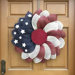 Patriotic Flower Wreath - Red White Blue Burlap Wreath with White Stars for 4th of July, Memorial Day, Independence Day Indoor Outdoor Home Decor