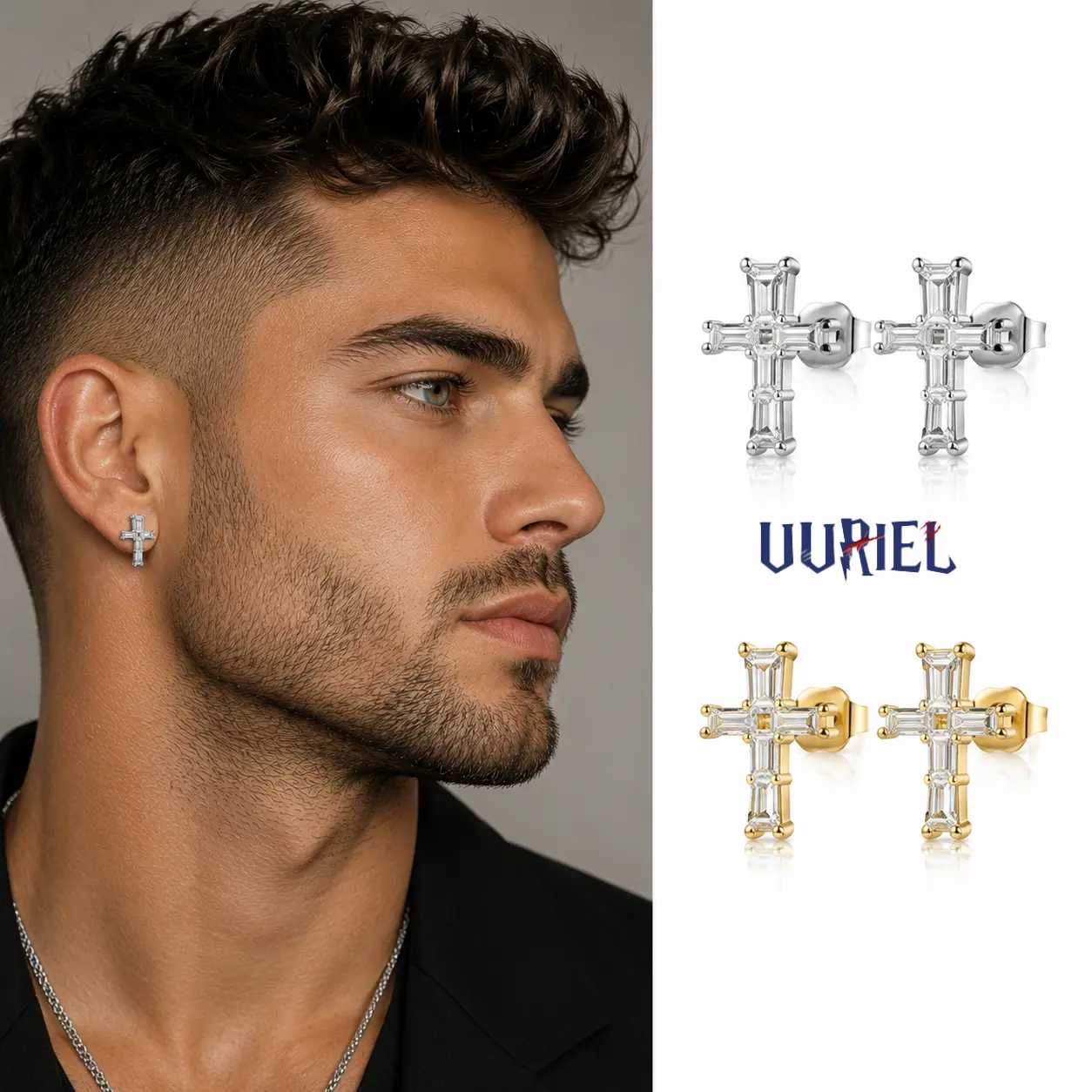 UURiel Emerald-Cut Unisex Cross Stud Earrings, Hypoallergenic Waterproof CZ Cross Earrings for Men Women, Shiny Stud Earrings Gift