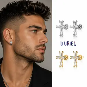 UURiel Emerald-Cut Unisex Cross Stud Earrings, Hypoallergenic Waterproof CZ Cross Earrings for Men Women, Shiny Stud Earrings Gift