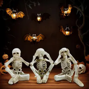 3PCS Skeleton Statues for Halloween Tabletop Decor, See No Evil, Hear No Evil, Speak No Evil, Sitting Skeleton Figurines, Distressed White Skull Figurines for Gothic Shelf Decor, Home Tabletop Display