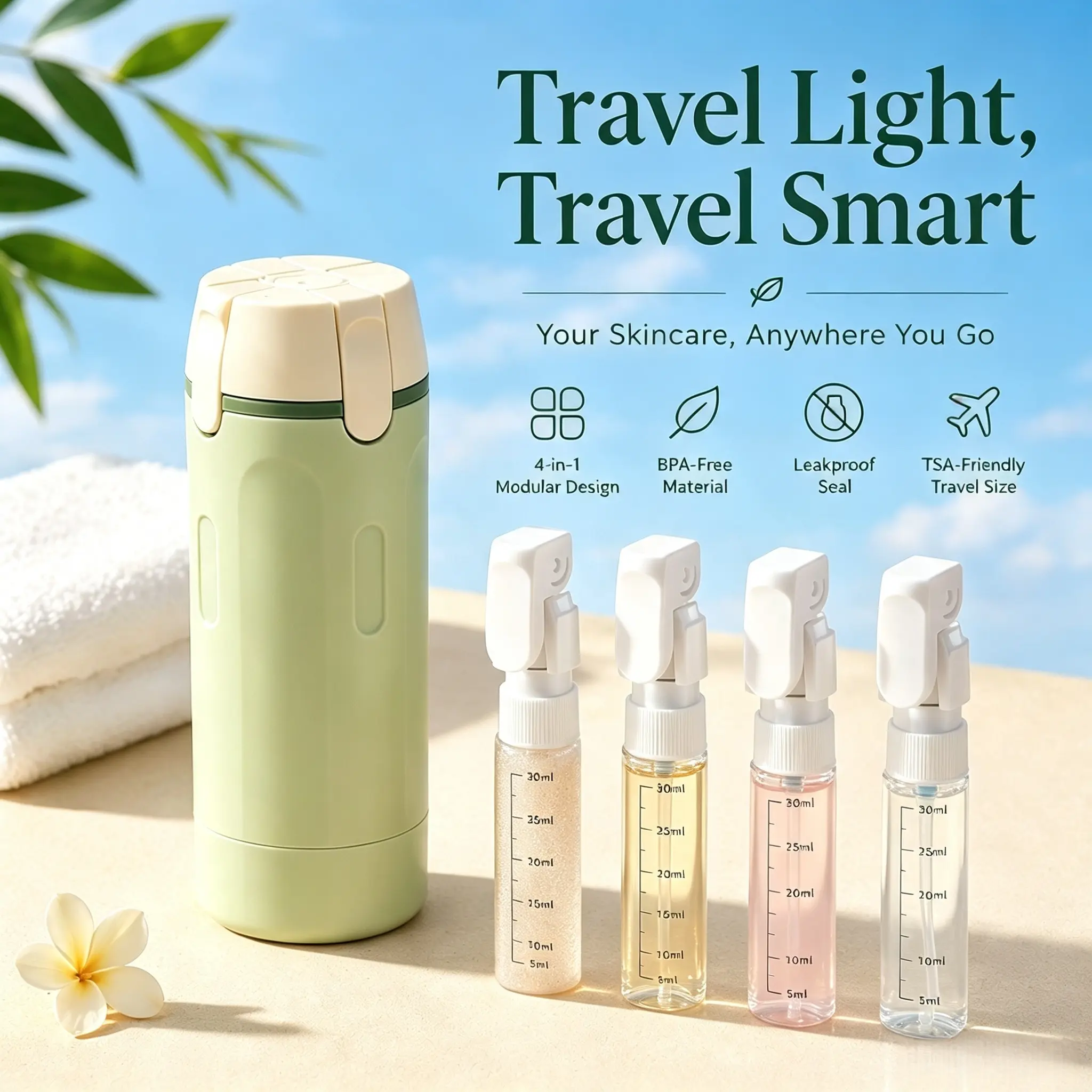4-in-1 Portable Travel Dispenser Bottle Set - Leak-Resistant Refillable Cosmetic Liquid Containers, Compact for Travel, Gym Toiletry Storage