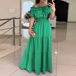 CHICME Women's Vintage Casual Short-Sleeve Off-Shoulder Dress - Elastic Stretchy Waist, Adjustable Lace-Up, Frill Hem Flared Maxi for Wedding Guests