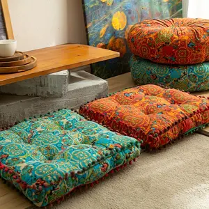 Bohemian style square thick cushion - multifunctional and comfortable home decoration pillow with plush balls, resistant to fading polyester fiber