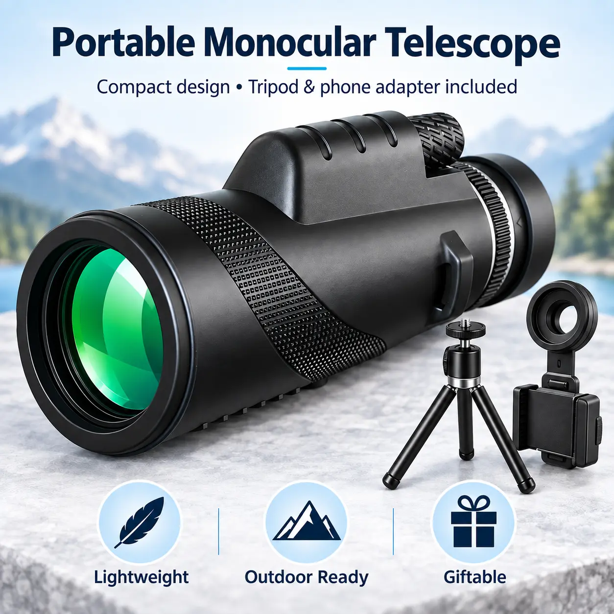 Portable Monocular Telescope with Tripod & Phone Adapter, HD FMC Green-Coated Lens, Outdoor Telescope for Bird Watching, Hiking, Camping, Travel and Nature Observation