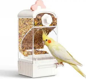 【Summervibes】Bird Feeder for Cage, No Mess Self Cleaning, Large Capacity with Waste Drawer, No Installation Required, Parakeet Feeder for Parrots Budgies Cockatiels Canaries (Pink White)