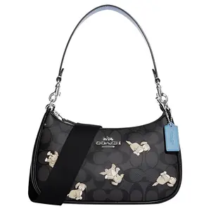 COACH Teri 24 Classic Monogram Zip Logo Animal Dog Print Leather Underarm Handbag Crossbody Shoulder Bag Medium Women's Black