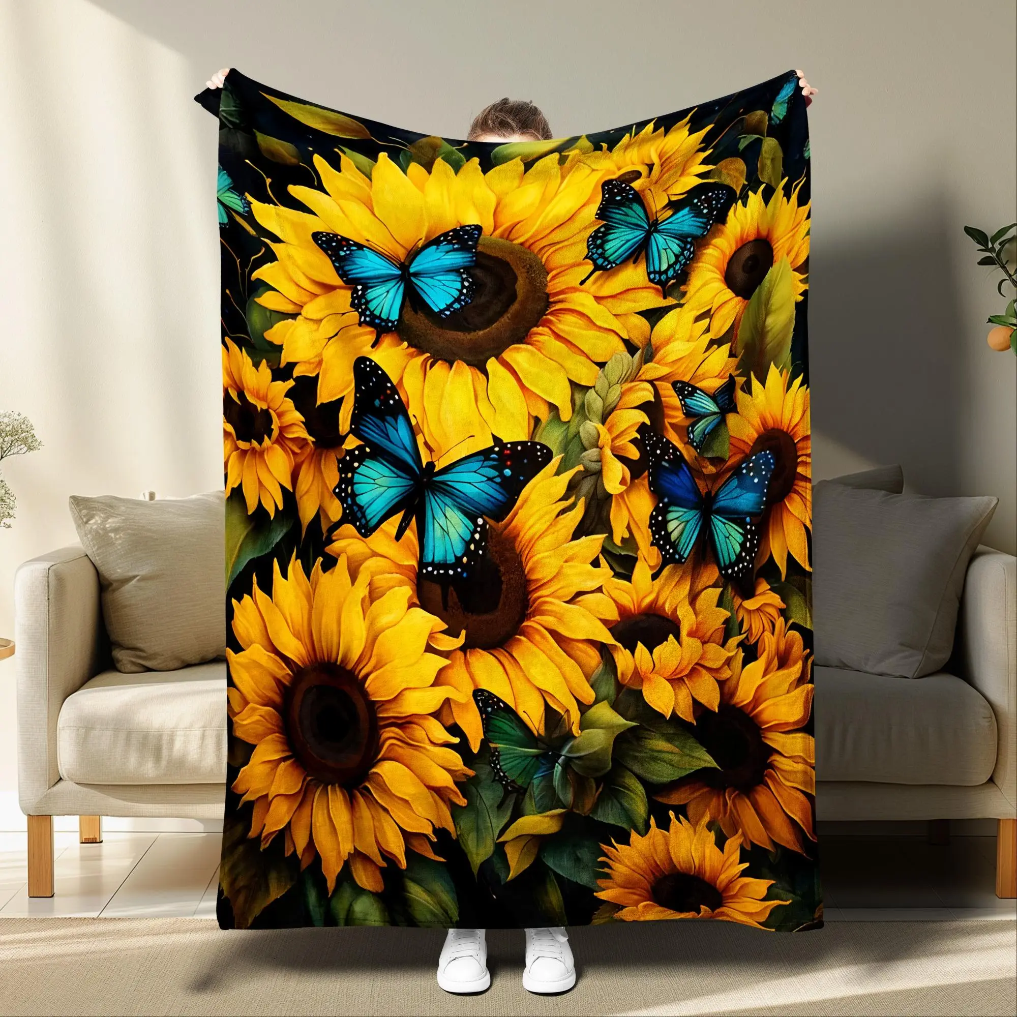Sunflower & Butterfly Print Blanket, 1 Count Soft Warm Throw Blanket, All Season Blanket, Breathable Comfortable Blanket, Comfy Bedding for Christmas