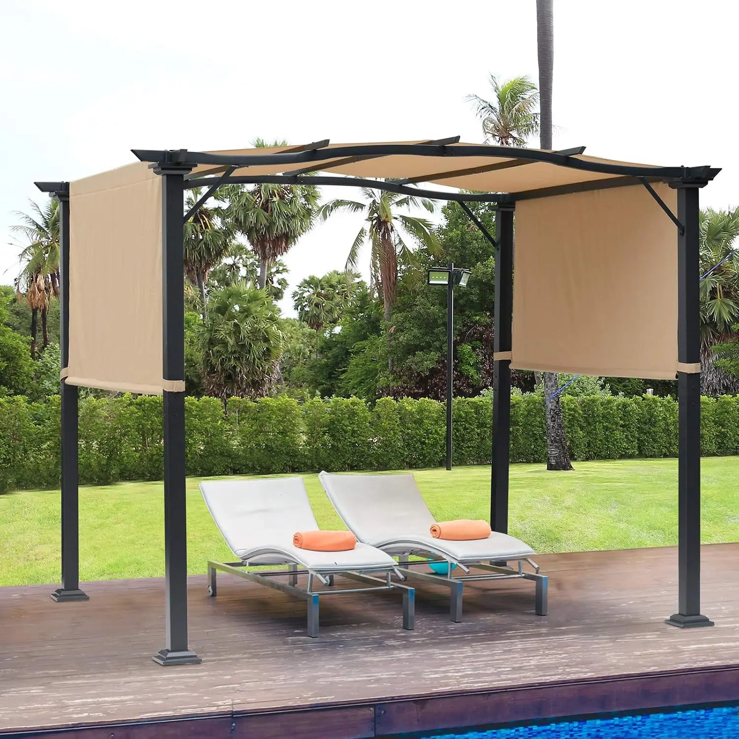 Crestholm  8x10 FT Retractable Pergola | Dual-Side PA-Coated Canopy, Powder-Coated Steel Cross-Beam Frame, European Classic Design — Compact Outdoor Pavilion for Lawn, Terrace & Commercial Spaces
