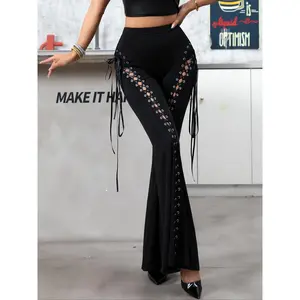 Women's lace up front flared pants, bohemian pants, punk fashion casual high waisted flared pants bohemian fashion pants, suitable for daily outdoor wear, all season women's bottomsRAIMENTRY