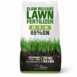 Slow Release Lawn Fertilizer 25-5-10 NPK - 65% Granular Nitrogen Formula for Deep Feeding up to 110 Days - 20Kg (44Lbs) Bag - Kid & Pet Safe Lawn Care for Lush Green Grass Eco Solutions