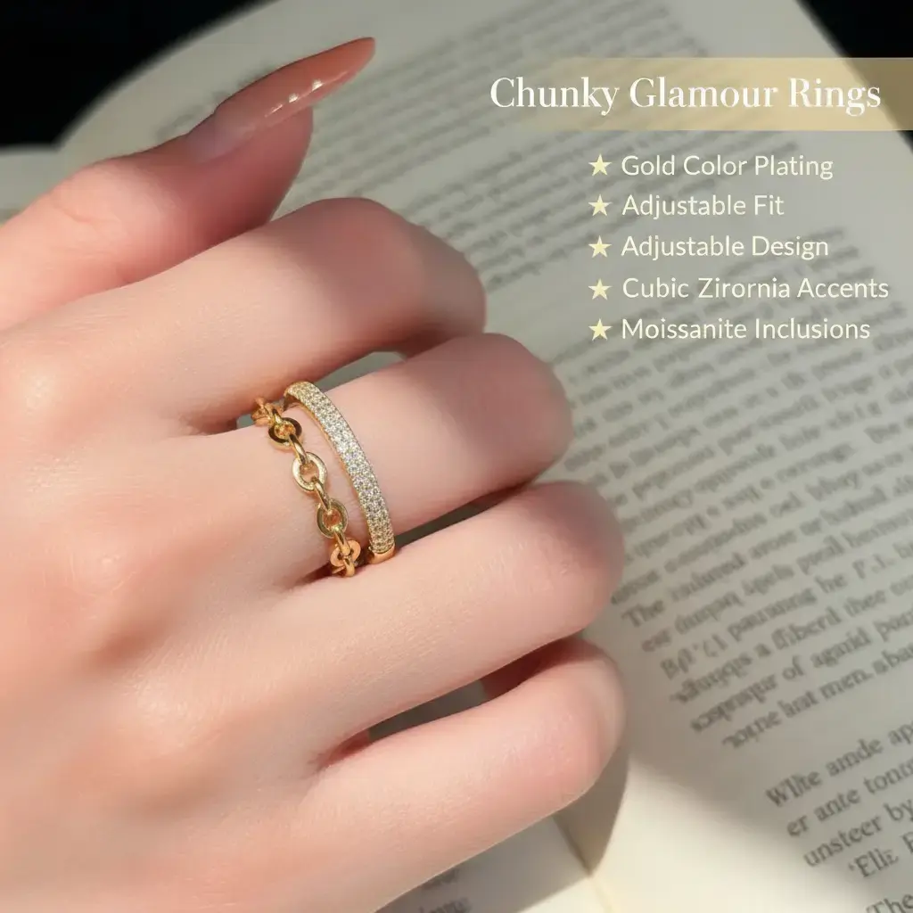 Women's Gold-Plated Adjustable Chunky Statement Rings with Cubic Zirconia and Moissanite, Trendy Fashion Jewelry Gifts