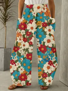 Women's Plus Size Vibrant Floral Print Wide Leg Flowy Pants, Bohemian Boho Casual Loose-Fitting Long Trousers, All Seasons Fashion