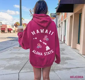Aloha State Hoodie Aesthetic Hawaii Sweatshirt Aesthetic Beach Hoodie Oahu Maui Honolulu Islands Map Printing Hoodie Casual Cotton