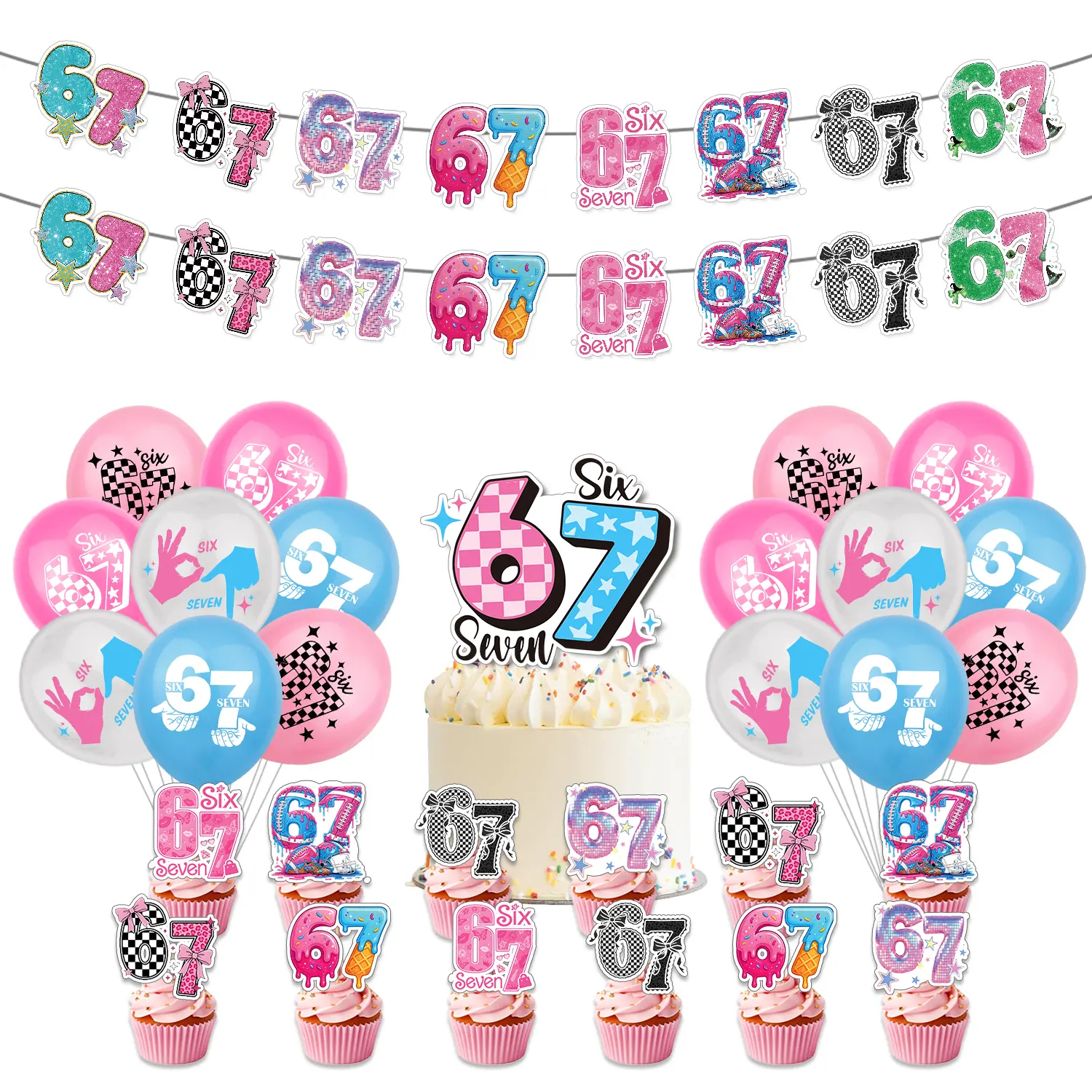 67 Birthday Decorations Set, Six Seven Meme Banner, Cake Topper, 12 Cupcake Toppers, 16 Balloons Party Set