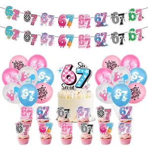 67 Birthday Decorations Set, Six Seven Meme Banner, Cake Topper, 12 Cupcake Toppers, 16 Balloons