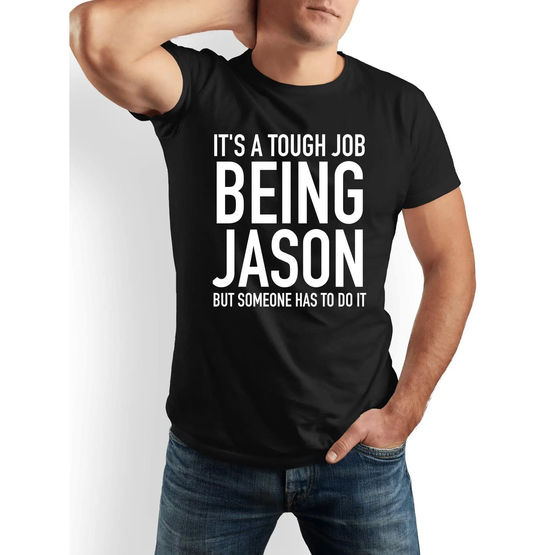 Men's Vintage Graphic Tops - Casual 100% Cotton Shortsleeve Tee with Funny 'Jason' Print, Soft Round Neck Mensfashion Apparel, Humorous Dad Gift