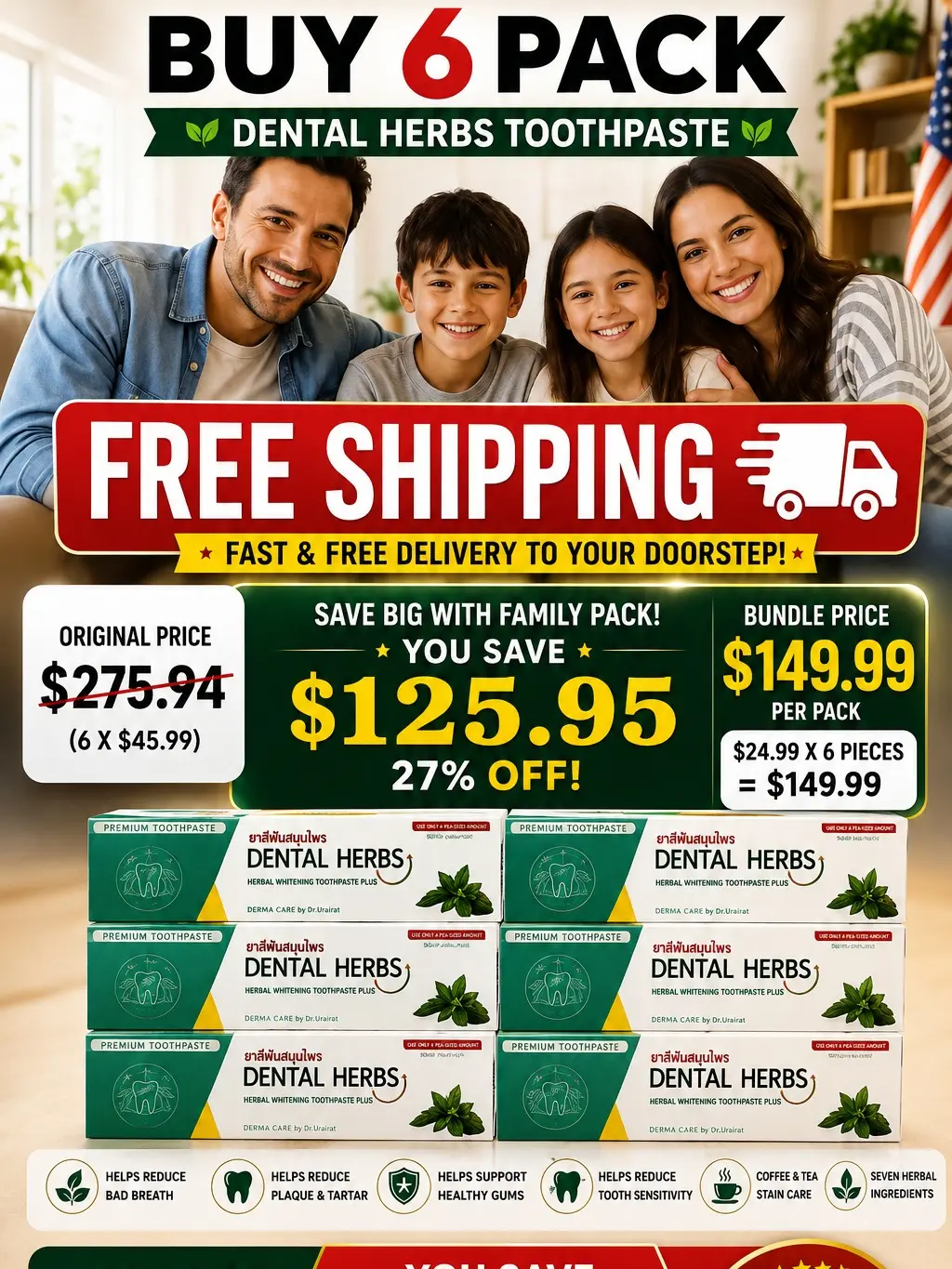 Dental Herbs Herbal Whitening Toothpaste Plus 6 Pack | Family Value Bundle |Fresh Breath | Plaque & Tartar Care | Premium Herbal Toothpaste
