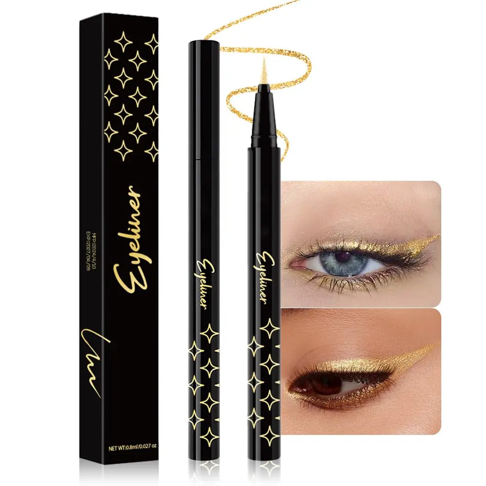 evpct 1Pcs Gold Glitter Sparkling Liquid Eyeliner, Metallic Shimmer Light Silver Eyeliner Liquid Eye Liner Eyeshadow Pencil Face Body Glitter Makeup, Longwear Waterproof, Fake Eyelashes Mascara