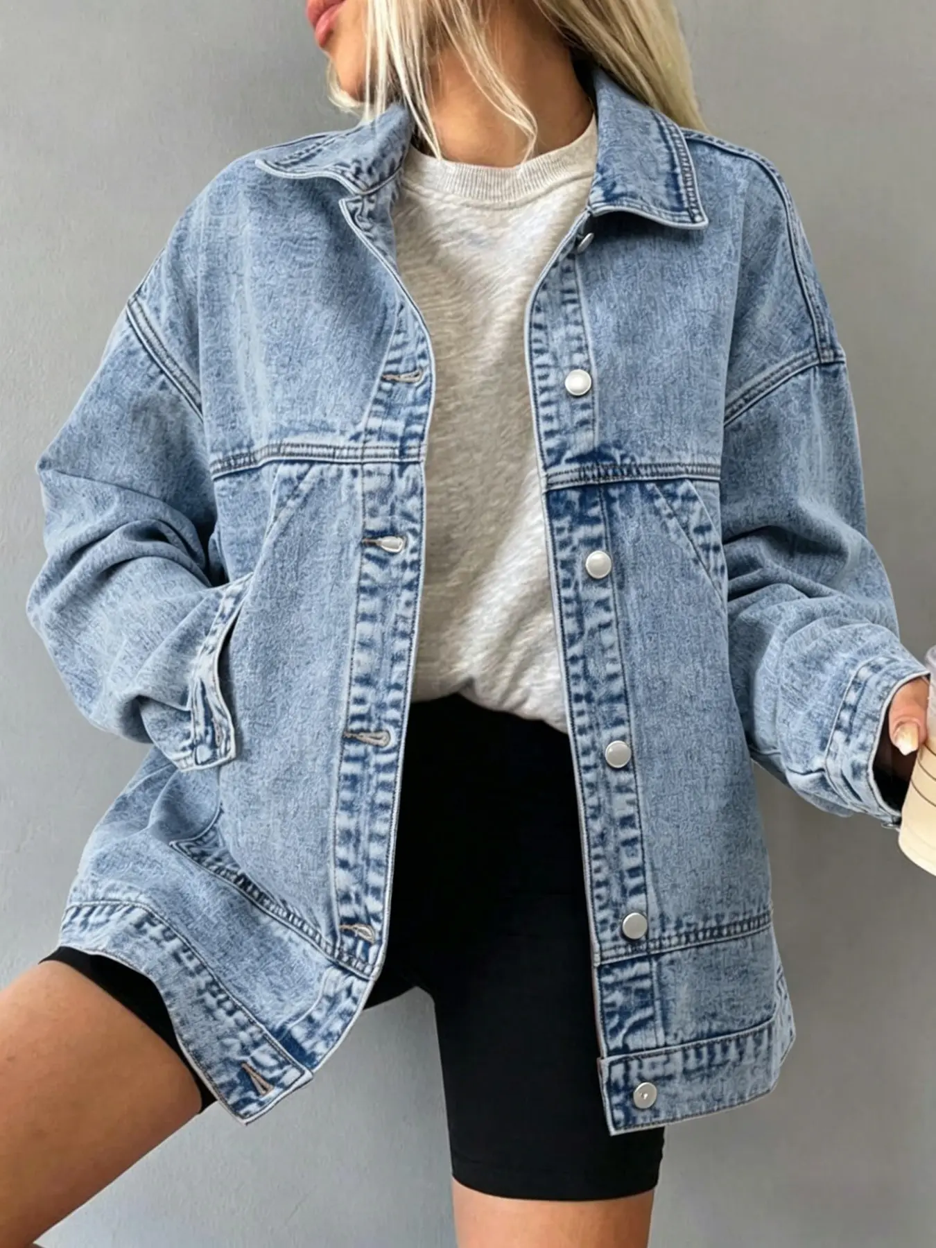 Women's Loose Fit Light Blue Washed Denim Work Jacket, Soft Fabric, Long Sleeve, Casual Street Style, Perfect for Coffee & Tea Time