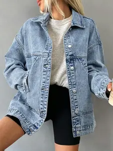 Women's Loose Fit Shoulder Drop Denim Jacket, Outerwear, Light Blue Washed, Pockets, Slimming Silhouette, Daily Commute, Streetwear, Layering Essential