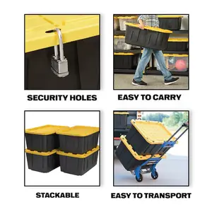 Project Source Commander 27G Heavy Duty Stackable Storage Tote - 4-Pack, 27 Gallons, Black & Yellow, Lockable, Tie-Down Grooves, 45% Recycled Content