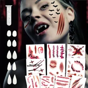 5Pairs Vampire Teeth+10 Sheets Oversized Fake Tattoos,Halloween Vampire Cosplay set Vampire Fangs Bloody Wound Temporary Tattoo for Women Men Kids Halloween Party Cosplay