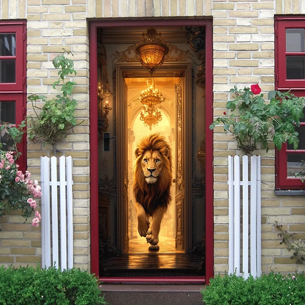 2pcs Luxury European Palace Style Lion Door Sticker Stereo Gold Relief Corridor Entrance Decorative Sticker Self Adhesive Removable Living Room Bedroom Background Wall Decal Animal Theme Home Art Wall