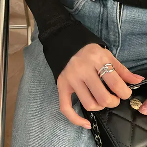 1pc Minimalist Double-Layer Interlocking Metal Ring for Women, Elegantly Designed with an Open Adjustable Fit for The Index Finger