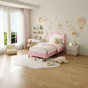 Twin XL Upholstered Platform Bed Frame with Adjustable Headboard, LED Light, Wooden Slat Support, No Box Spring Needed, Bed Frame for Toddlers, Pink for Kids' Room