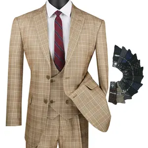 Luxurious Men's 3-Pieces Glen Plaid Suit Camel