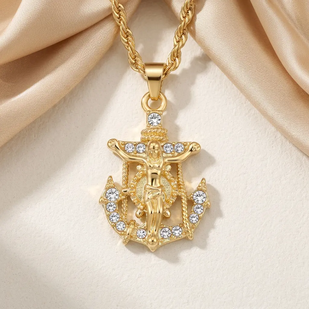 Iced Mini Mariners Cross Pendant, 3mm Rope Chain, 24" Length Costume Jewelry Charm