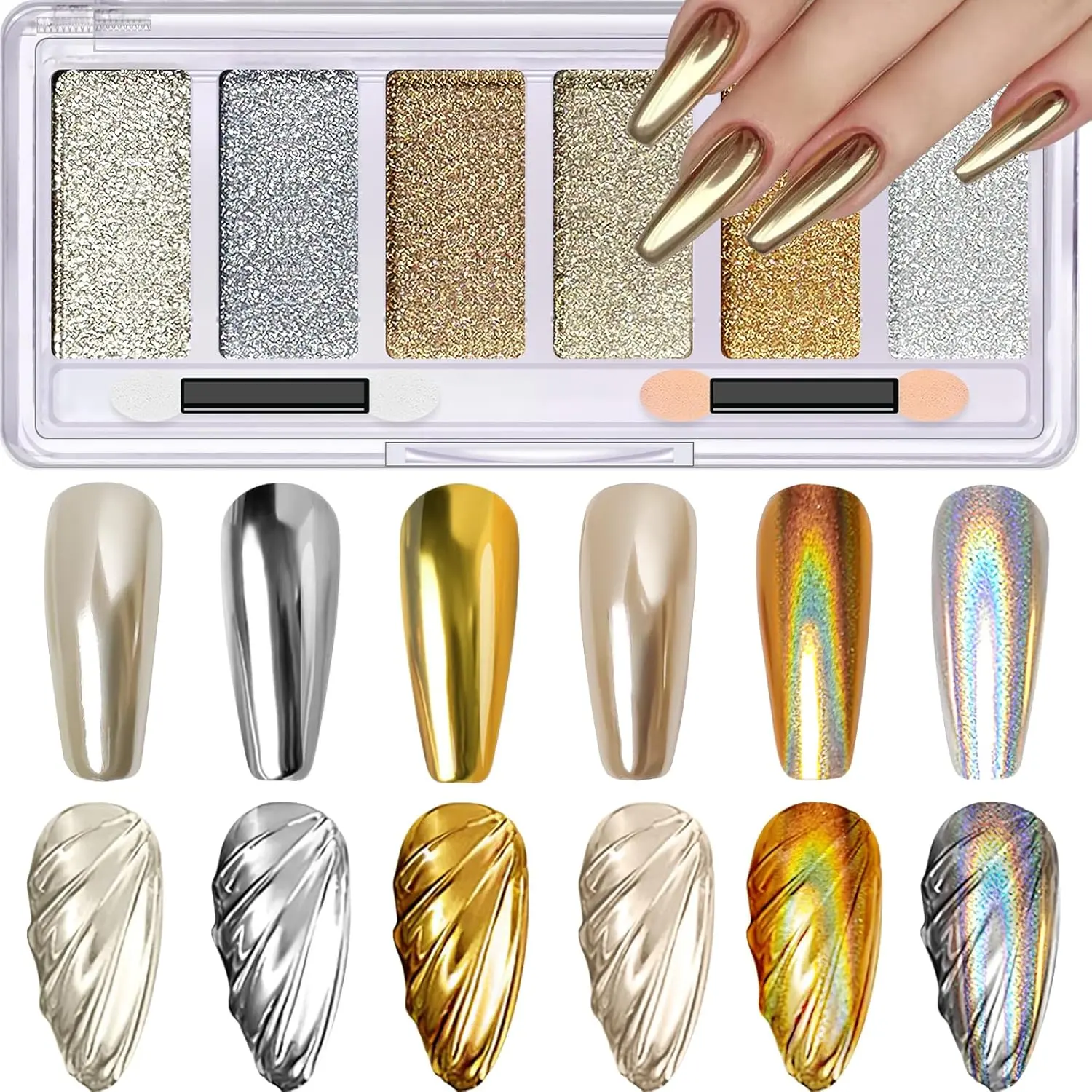 Gold Silver Chrome Nail Powder, 6 Colors Unicorn Iridescent Holographic Rainbow Chrome Powder for Nails, Mirror Metallic Effect Light Gold Champagne Nail Art Chrome Powder Palette Pigment Glitter Dust