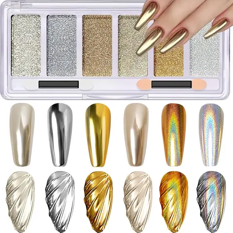 6-Color Unicorn Chrome Nail Powder Palette - Affordable, Cruelty-Free Gold-Silver-Chrome Pigment Dust with Mirror Metallic Effect, Holographic Glitter for Glam Bling & Decorated Nail Art Accessories