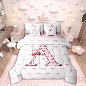 Pink Bowknot Bed in A Bag,7 Piece Initial A Letter Comforter Set,Buffalo Plaid Cherry Monogrammed Bedding Sets