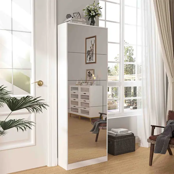 Shoe Storage Cabinet With Full Length Mirror Wooden Freestanding Rack Organizer 5 Tiers Flip Drawers 30 Pair Tall Narrow For Entryway Hallway Bedroom Closet Living Room