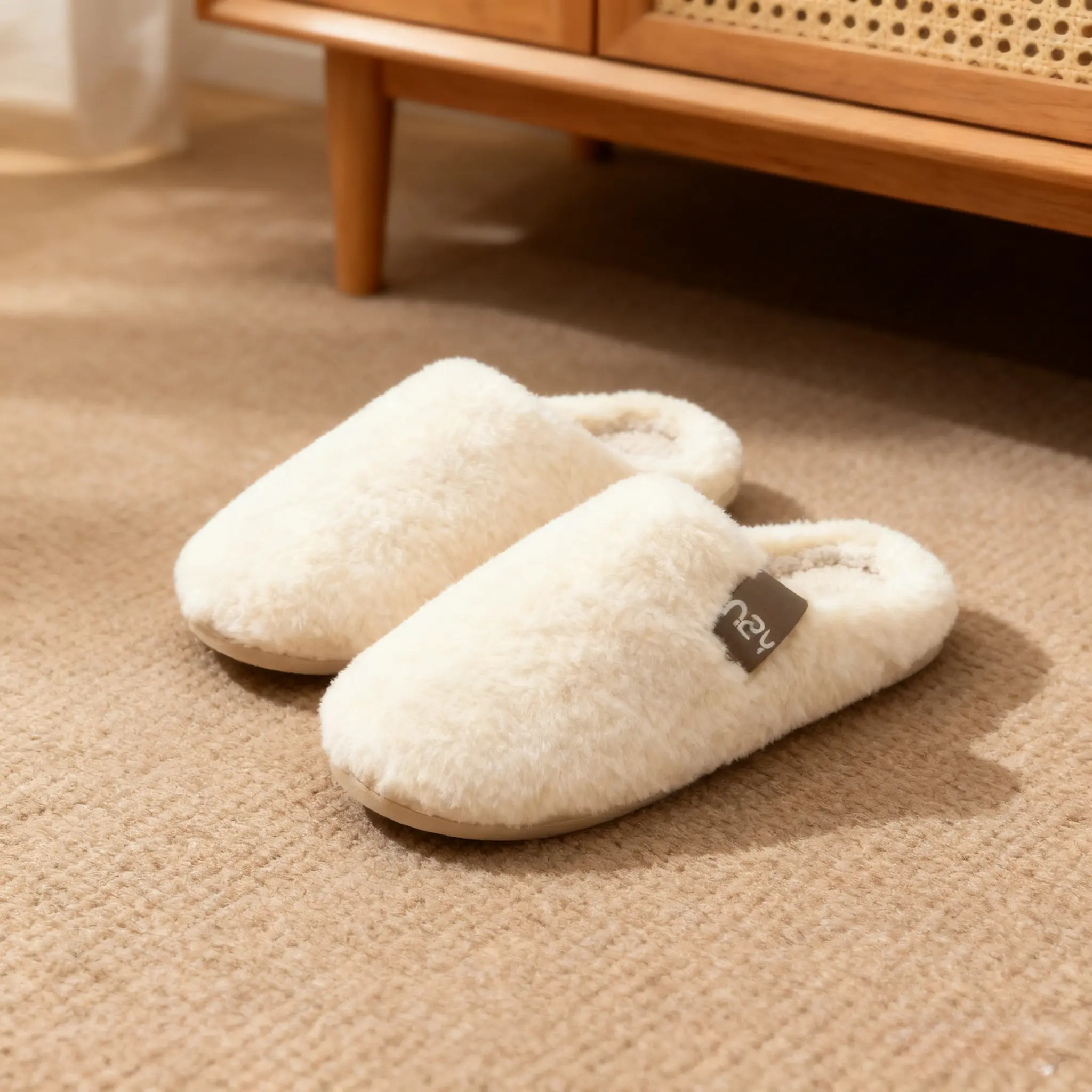 Unisex Adults' Fuzzy Plush Slip-On Slide Slippers - Cotton Upper, Open-Back, Warm, Memory Foam, Non-Slip Silent Rubber Sole for Home Indoor Outdoor Use, Coffee