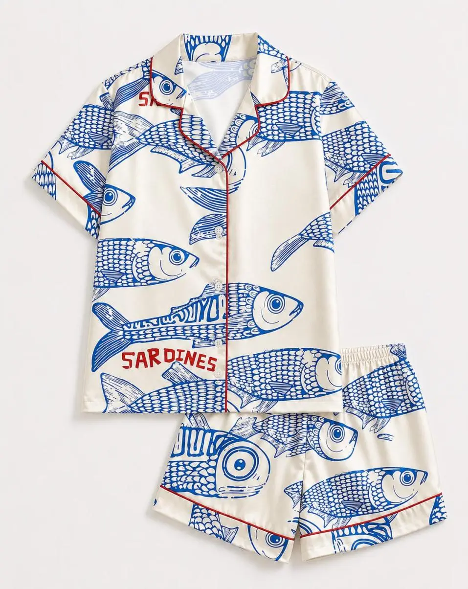 Blue Sardines Pajama Set, Fish Print Short Sleeve Sleepwear, Women's Loungewear, Gift For Him, Gift For Her, Cool Colors, Brighten Up Your Look