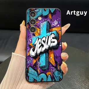 Straight Edge Phone Case Compatible with Samsung Galaxy S26 S23 Ultra S24 Plus S25 S22 Edge Graffiti Cross Jesus Pattern Full Body Protection Shockproof Soft Silicone Cover