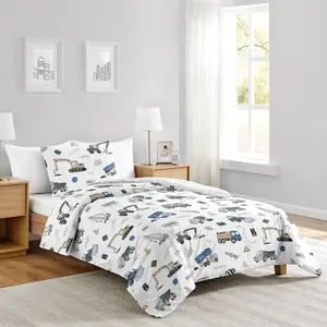 Sweet Jojo Designs 2-Piece Twin Comforter Set (Green Construction Truck) for Boys, Children, Kids Bedding, Bed in a Bag incl. Blanket & Pillow Sham (Transportation, Gray, Blue, Grey & Yellow, Trucks)