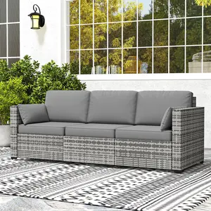 Patio Couch PE Wicker Deep Seating Outdoor Sofa with Removable Cushions, 3 Seater Rattan Sofa, Outdoor Furniture for Balcony, Deck, Garden and Poolside, Gray